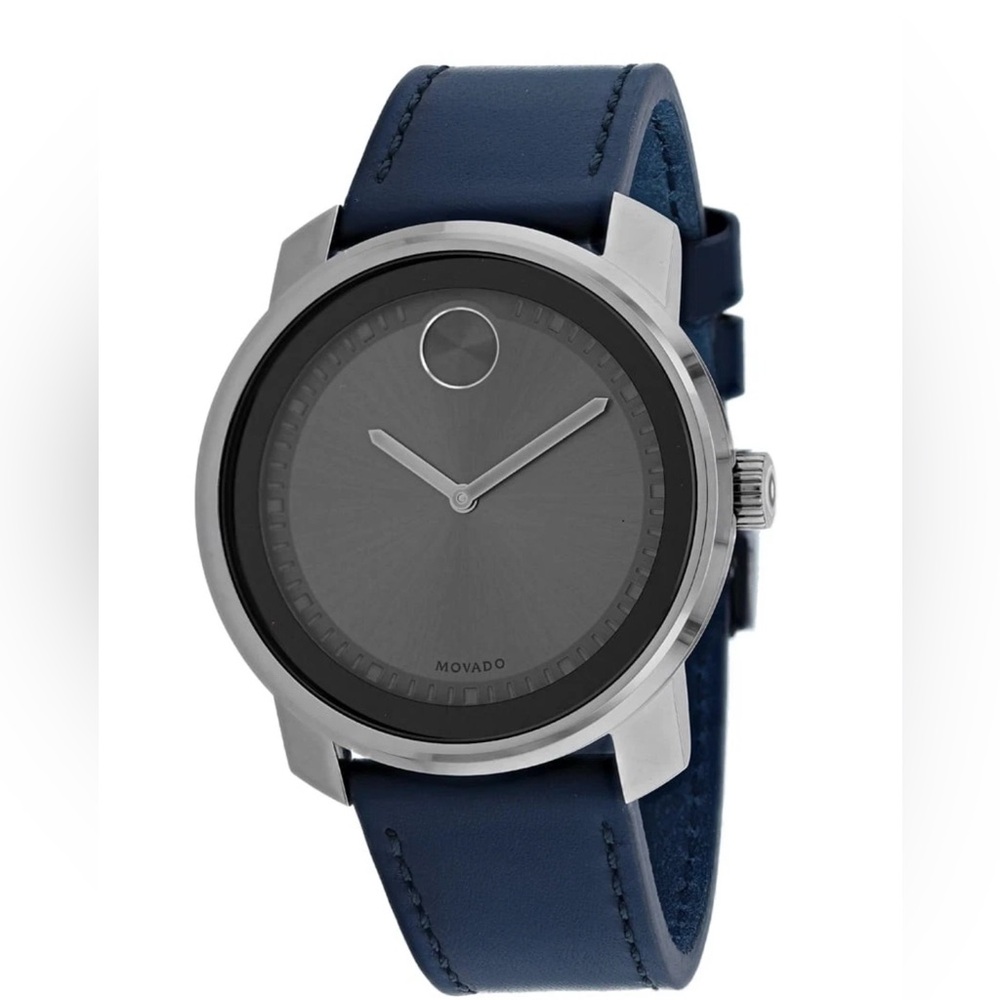 Brand New Movado Bold Men’s Stainless Steel Gray Dial Navy Strap Watch 3600673